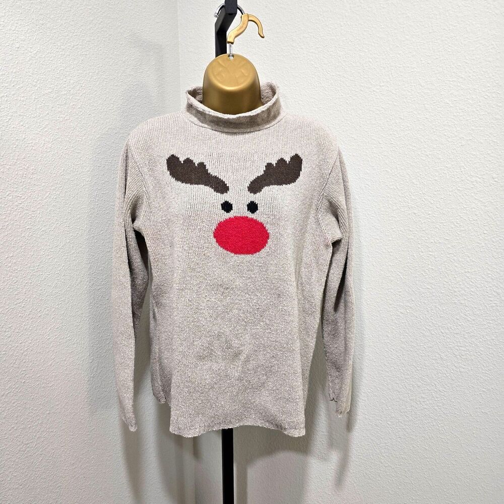 Binghamton Rudolph Roll Neck Sweater Womens Small Beige Reindeer Minimal Holiday